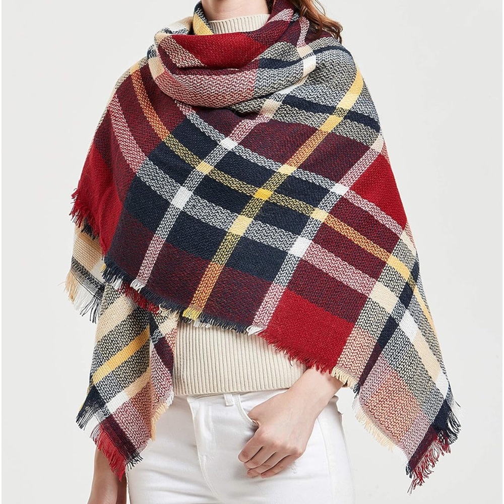 Plaid Big Wine Red Shawl, Long Triangular Scarf, Women, Wander‎ Agio